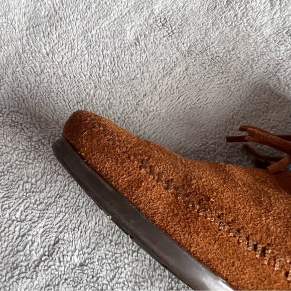 Minnetonka High Top Fringe Moccasin Suede Leather Beaded Boho Bootie Boot Brown - Picture 9 of 12